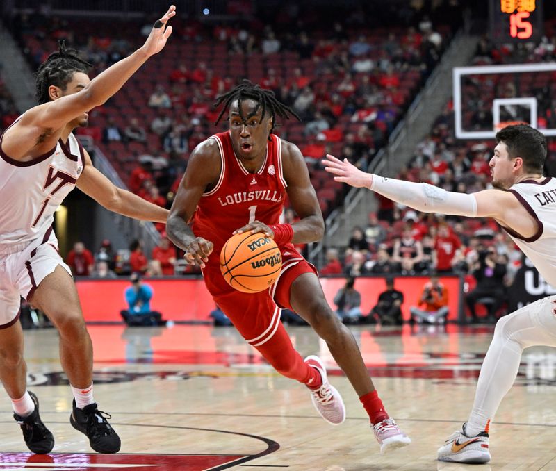 Feb 28, 2023; Louisville, Kentucky, USA; Louisville Cardinals guard Mike James (1) dribbles against Virginia Tech Hokies guard Rodney Rice (1) and Virginia Tech Hokies guard Hunter Cattoor (0) during the second half at KFC Yum! Center. Virginia Tech defeated Louisville 71-54. Mandatory Credit: Jamie Rhodes-USA TODAY Sports