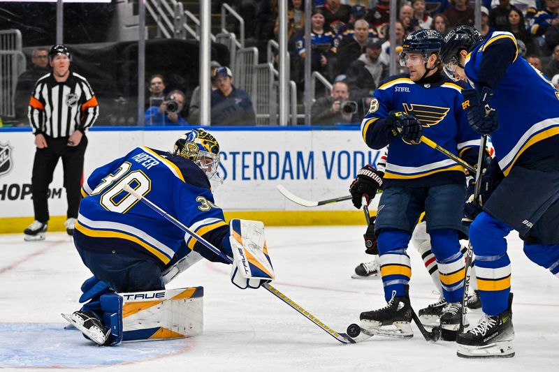 Apr 10, 2024; St. Louis, Missouri, USA;  St. Louis Blues goaltender Joel Hofer (30) defends the net against the Chicago Blackhawks during the first period at Enterprise Center. Mandatory Credit: Jeff Curry-USA TODAY Sports