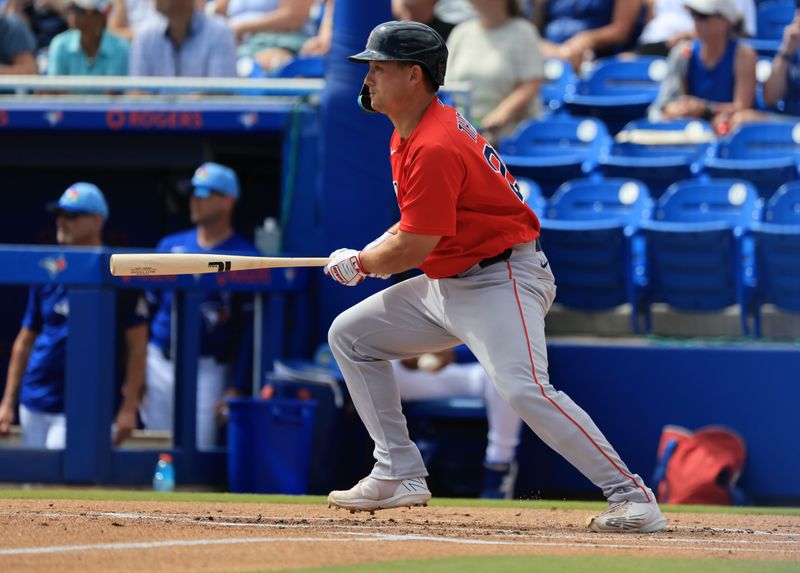 Mar 2, 2026; Dunedin, Florida, USA; Boston Red Sox catcher Matt Thaiss (25) singles during the first inning against the Toronto Blue Jays at TD Ballpark. Mandatory Credit: Kim Klement Neitzel-Imagn Images