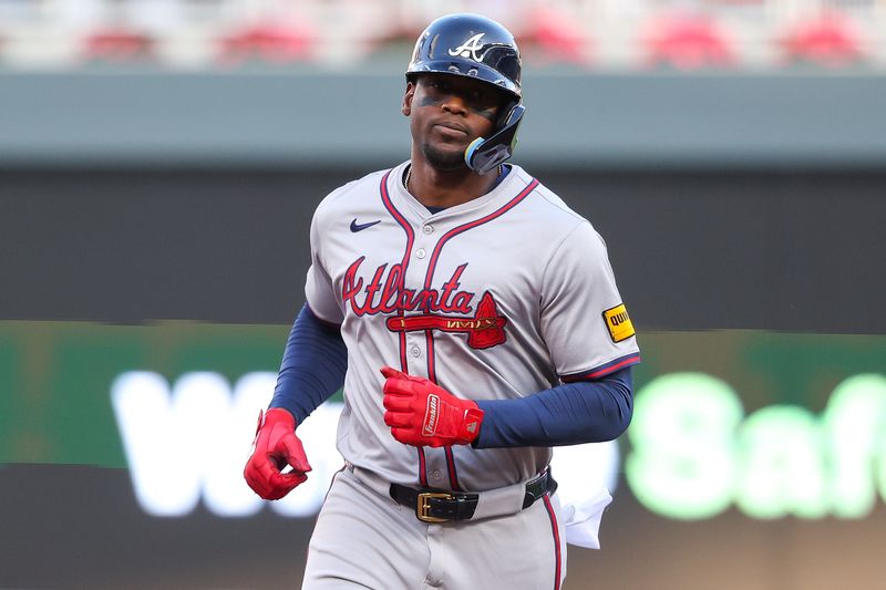 Aug 28, 2024; Minneapolis, Minnesota, USA; Atlanta Braves right fielder Jorge Soler (2) runs the bases after hitting a solo home run against the Minnesota Twins during the first inning at Target Field. Mandatory Credit: Matt Krohn-USA TODAY Sports