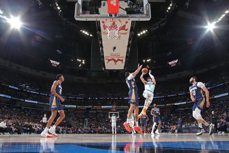 NEW ORLEANS, LA - JANUARY 17: LaMelo Ball #1 of the Charlotte Hornets shoots the ball during the game against the New Orleans Pelicans on January 17, 2024 at the Smoothie King Center in New Orleans, Louisiana. NOTE TO USER: User expressly acknowledges and agrees that, by downloading and or using this Photograph, user is consenting to the terms and conditions of the Getty Images License Agreement. Mandatory Copyright Notice: Copyright 2024 NBAE (Photo by Layne Murdoch Jr./NBAE via Getty Images)