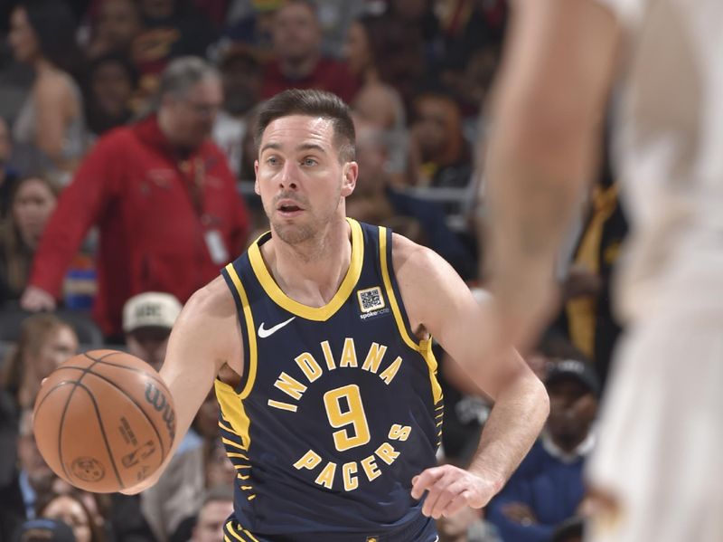 CLEVELAND, OH - APRIL 13: T.J. McConnell #9 of the Indiana Pacers dribbles the ball during the game against the Cleveland Cavaliers  on April 13, 2025 at Rocket Arena in Cleveland, Ohio. NOTE TO USER: User expressly acknowledges and agrees that, by downloading and/or using this Photograph, user is consenting to the terms and conditions of the Getty Images License Agreement. Mandatory Copyright Notice: Copyright 2025 NBAE (Photo by David Liam Kyle/NBAE via Getty Images)