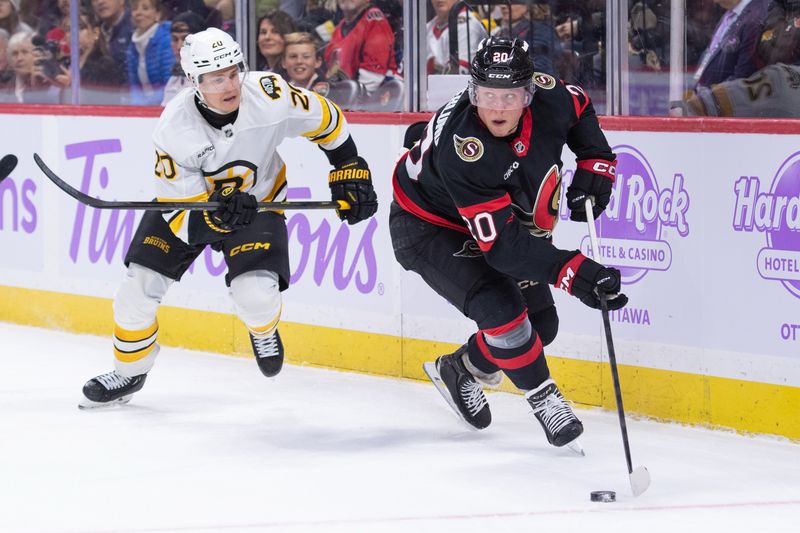 Nov 13, 2025; Ottawa, Ontario, CAN; Ottawa Senators left wing Fabian Zetterlund (20) skates against Boston Bruins defenseman Henri Jokiharju (20) during the first period at the Canadian Tire Centre. Mandatory Credit: Marc DesRosiers-IMAGN Images
