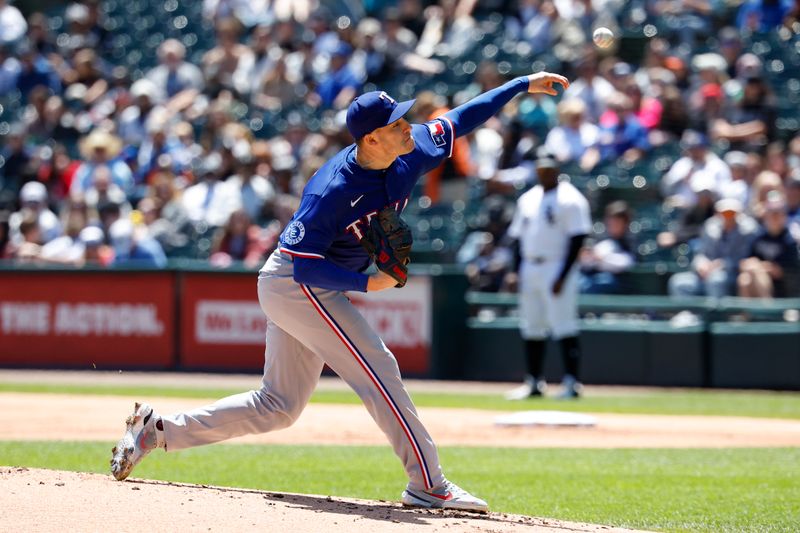 May 25, 2025; Chicago, Illinois, USA; Texas Rangers starting pitcher Patrick Corbin (46) delivers a pitch against the Chicago White Sox during the first inning at Rate Field. Mandatory Credit: Kamil Krzaczynski-Imagn Images