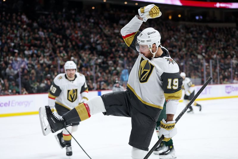Nov 16, 2025; Saint Paul, Minnesota, USA; Vegas Golden Knights right wing Reilly Smith (19) celebrates his goal against the Minnesota Wild during the third period at Grand Casino Arena. Mandatory Credit: Matt Krohn-Imagn Images