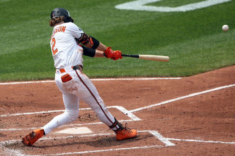 Jun 1, 2025; Baltimore, Maryland, USA; Baltimore Orioles shortstop Gunnar Henderson (2) hits a single during the third inning against the Chicago White Sox at Oriole Park at Camden Yards. Mandatory Credit: Daniel Kucin Jr.-Imagn Images