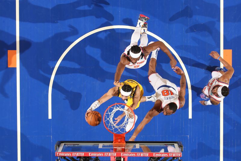 NEW YORK, NY - MAY 19: Andrew Nembhard #2 of the Indiana Pacers drives to the basket during the game  against the New York Knicks during Round 2 Game 7 of the 2024 NBA Playoffs on May 19, 2024 at Madison Square Garden in New York City, New York.  NOTE TO USER: User expressly acknowledges and agrees that, by downloading and or using this photograph, User is consenting to the terms and conditions of the Getty Images License Agreement. Mandatory Copyright Notice: Copyright 2024 NBAE  (Photo by Nathaniel S. Butler/NBAE via Getty Images)