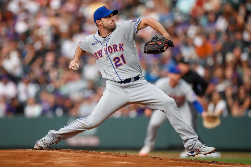 May 26, 2023; Denver, Colorado, USA; New York Mets starting pitcher Max Scherzer (21) pitches in the first inning against the Colorado Rockies at Coors Field. Mandatory Credit: Isaiah J. Downing-USA TODAY Sports