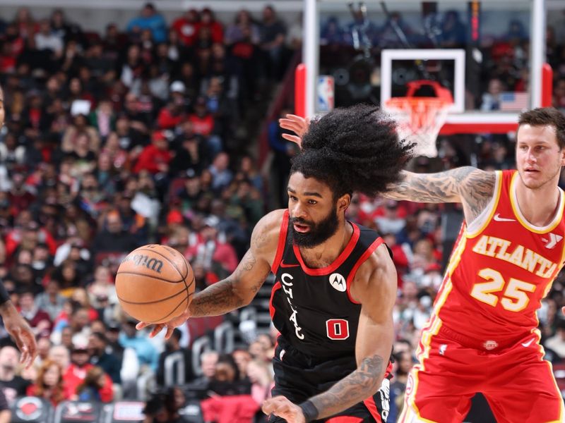 CHICAGO, IL - APRIL 1: Coby White #0 of the Chicago Bulls dribbles the ball during the game against the Atlanta Hawks on April 1, 2024 at United Center in Chicago, Illinois. NOTE TO USER: User expressly acknowledges and agrees that, by downloading and or using this photograph, User is consenting to the terms and conditions of the Getty Images License Agreement. Mandatory Copyright Notice: Copyright 2024 NBAE (Photo by Jeff Haynes/NBAE via Getty Images)