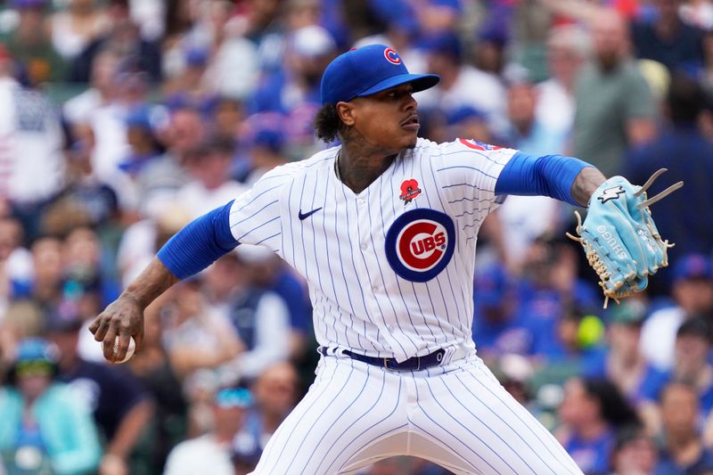 May 29, 2023; Chicago, Illinois, USA; Chicago Cubs starting pitcher Marcus Stroman (0) throws the ball against the Tampa Bay Rays during the first inning at Wrigley Field. Mandatory Credit: David Banks-USA TODAY Sports