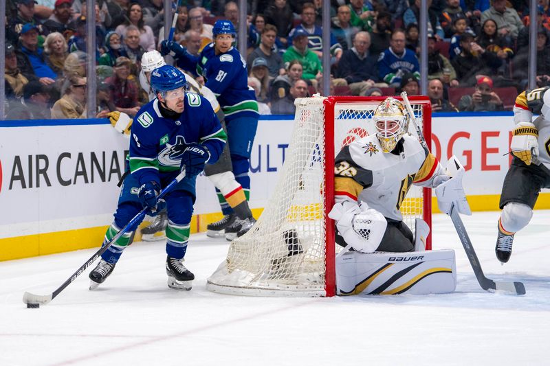 Apr 8, 2024; Vancouver, British Columbia, CAN; Vegas Golden Knights goalie Logan Thompson (36) watches Vancouver Canucks forward Conor Garland (8) handle the puck in the first period at Rogers Arena. Mandatory Credit: Bob Frid-USA TODAY Sports