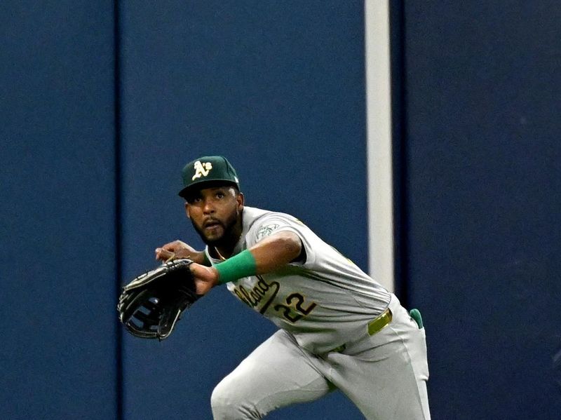 May 29, 2024; St. Petersburg, Florida, USA; Oakland Athletics left fielder Miguel Andujar (22) catches a line drive in the third inning against the Tampa Bay Rays at Tropicana Field. Mandatory Credit: Jonathan Dyer-USA TODAY Sports