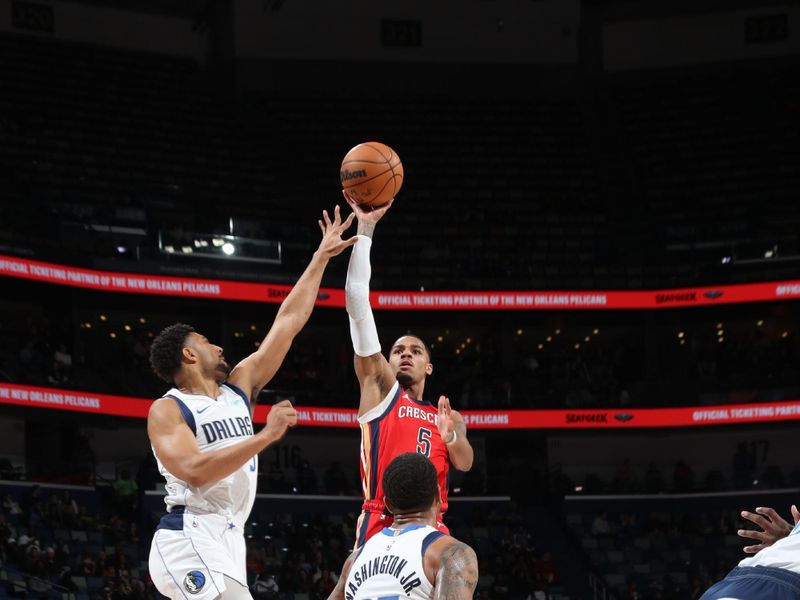 NEW ORLEANS, LA - JANUARY 29: Dejounte Murray #5 of the New Orleans Pelicans shoots the ball during the game against the Dallas Mavericks on January 29, 2025 at the Smoothie King Center in New Orleans, Louisiana. NOTE TO USER: User expressly acknowledges and agrees that, by downloading and or using this Photograph, user is consenting to the terms and conditions of the Getty Images License Agreement. Mandatory Copyright Notice: Copyright 2025 NBAE (Photo by Layne Murdoch Jr./NBAE via Getty Images)