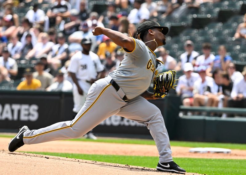 Jul 13, 2024; Chicago, Illinois, USA;  Pittsburgh Pirates pitcher Luis L. Ortiz (48) delivers against the Chicago White Sox during the first inning at Guaranteed Rate Field. Mandatory Credit: Matt Marton-USA TODAY Sports