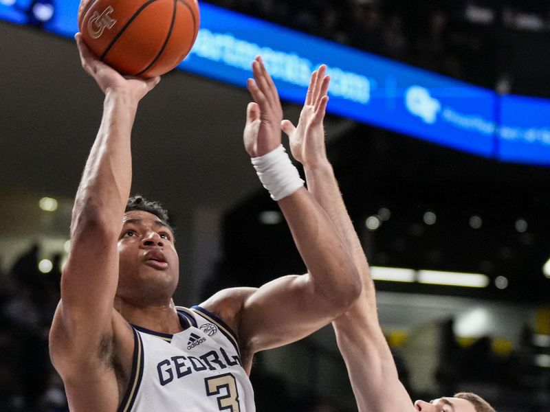 Dec 31, 2022; Atlanta, Georgia, USA; Georgia Tech Yellow Jackets guard Dallan Coleman (3) shoots over Virginia Cavaliers guard Isaac McKneely (11) during the second half at McCamish Pavilion. Mandatory Credit: Dale Zanine-USA TODAY Sports