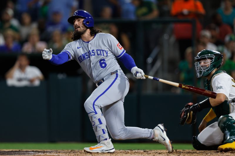 Sep 26, 2025; West Sacramento, California, USA; Kansas City Royals second baseman Jonathan India (6) hits a three run home run during the fourth inning against the Athletics at Sutter Health Park. Mandatory Credit: Sergio Estrada-Imagn Images