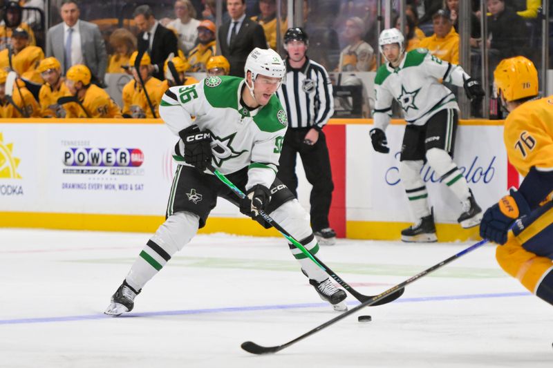 Oct 26, 2025; Nashville, Tennessee, USA;  Dallas Stars right wing Mikko Rantanen (96) skates with the puck against the Nashville Predators during the second period at Bridgestone Arena. Mandatory Credit: Steve Roberts-Imagn Images