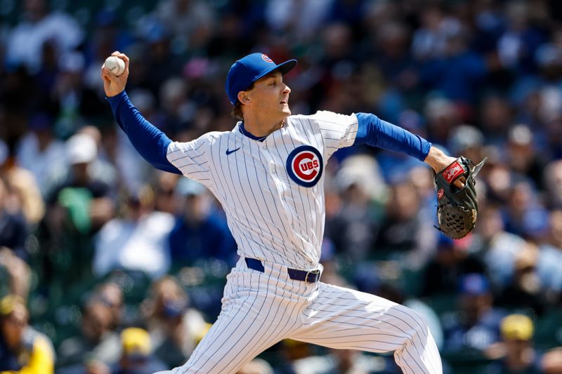 May 3, 2024; Chicago, Illinois, USA; Chicago Cubs starting pitcher Hayden Wesneski (19) delivers a pitch against the Milwaukee Brewers during the first inning at Wrigley Field. Mandatory Credit: Kamil Krzaczynski-USA TODAY Sports