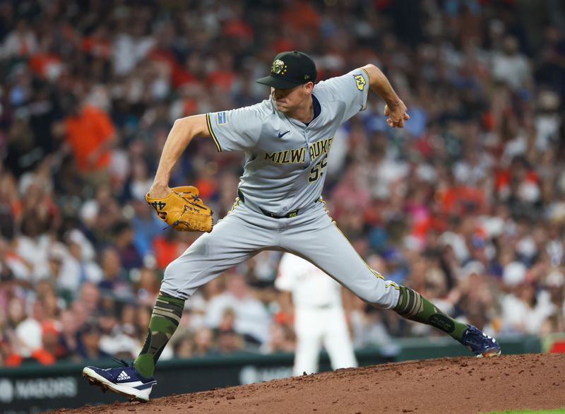 May 18, 2024; Houston, Texas, USA; Milwaukee Brewers relief pitcher Hoby Milner (55) pitches against the Houston Astros in the sixth inning at Minute Maid Park. Mandatory Credit: Thomas Shea-USA TODAY Sports