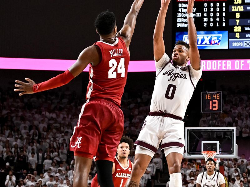 Mar 4, 2023; College Station, Texas, USA;  Texas A&M Aggies guard Dexter Dennis (0) shoots over Alabama Crimson Tide forward Brandon Miller (24) during the second half at Reed Arena. Mandatory Credit: Maria Lysaker-USA TODAY Sports