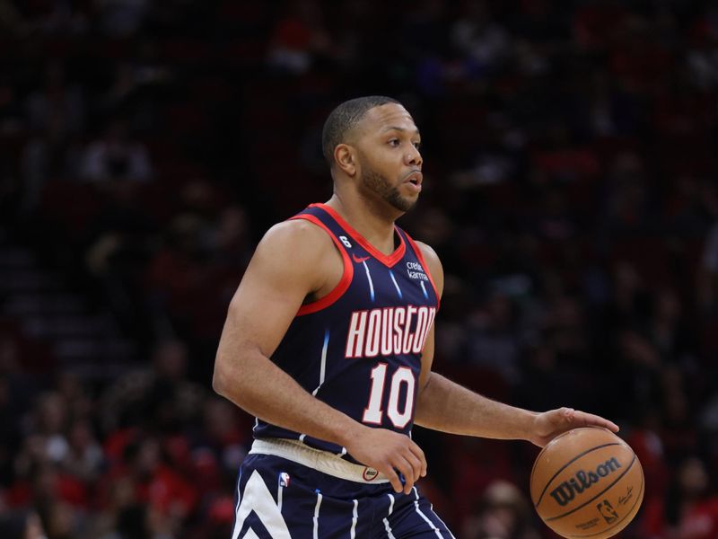 HOUSTON, TEXAS - FEBRUARY 03: Eric Gordon #10 of the Houston Rockets controls the ball against the Toronto Raptors during the first half at Toyota Center on February 03, 2023 in Houston, Texas. NOTE TO USER: User expressly acknowledges and agrees that, by downloading and or using this photograph, User is consenting to the terms and conditions of the Getty Images License Agreement. (Photo by Carmen Mandato/Getty Images)