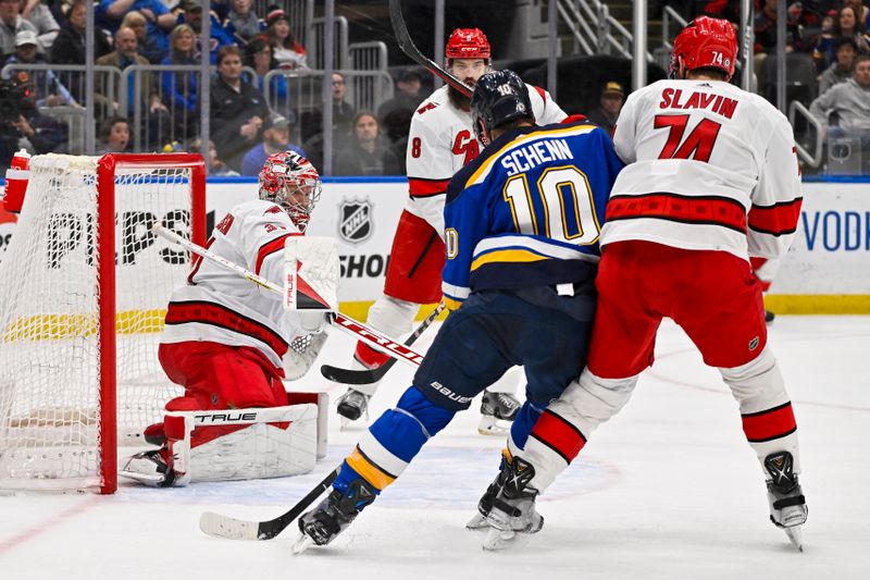 Apr 12, 2024; St. Louis, Missouri, USA;  Carolina Hurricanes goaltender Frederik Andersen (31) defends the net against St. Louis Blues center Brayden Schenn (10) during the second period at Enterprise Center. Mandatory Credit: Jeff Curry-USA TODAY Sports