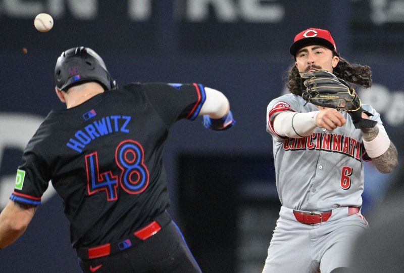 Aug 21, 2024; Toronto, Ontario, CAN;  Cincinnati Reds second baseman Jonathan India (6) throws to first base for a double play after forcing out Toronto Blue Jays first baseman Spencer Horwitz (48) in the ninth inning at Rogers Centre. Mandatory Credit: Dan Hamilton-USA TODAY Sports