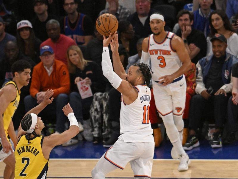 NEW YORK, NY - MAY 23: Jalen Brunson #11 of the New York Knicks shoots the ball during the game against the Indiana Pacers during Game Two of the 2025 Eastern Conference Finals on May 23, 2025 at Madison Square Garden in New York City, New York.  NOTE TO USER: User expressly acknowledges and agrees that, by downloading and or using this photograph, User is consenting to the terms and conditions of the Getty Images License Agreement. Mandatory Copyright Notice: Copyright 2025 NBAE  (Photo by David Dow/NBAE via Getty Images)