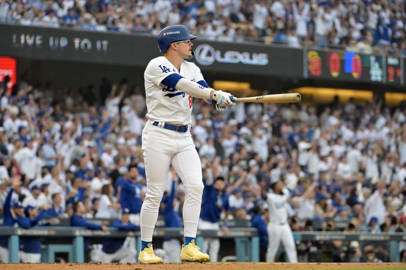 Oct 11, 2024; Los Angeles, California, USA; Los Angeles Dodgers third baseman Enrique Hernandez (8) celebrates after hitting a solo home run in the second inning against the San Diego Padres during game five of the NLDS for the 2024 MLB Playoffs at Dodger Stadium. Mandatory Credit: Jayne Kamin-Oncea-Imagn Images