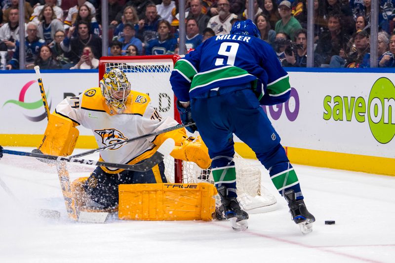 Apr 21, 2024; Vancouver, British Columbia, CAN; Nashville Predators goalie Juuse Saros (74) makes a save on Vancouver Canucks forward J.T. Miller (9) in the third period in game one of the first round of the 2024 Stanley Cup Playoffs at Rogers Arena. Mandatory Credit: Bob Frid-USA TODAY Sports