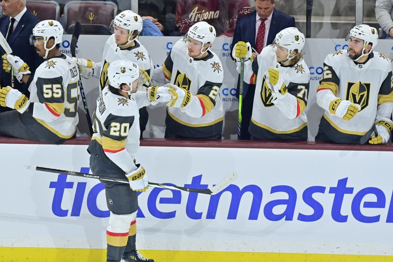 Feb 8, 2024; Tempe, Arizona, USA; Vegas Golden Knights center Chandler Stephenson (20) celebrates with teammates after scoring a goal in the first period against the Arizona Coyotes at Mullett Arena. Mandatory Credit: Matt Kartozian-USA TODAY Sports