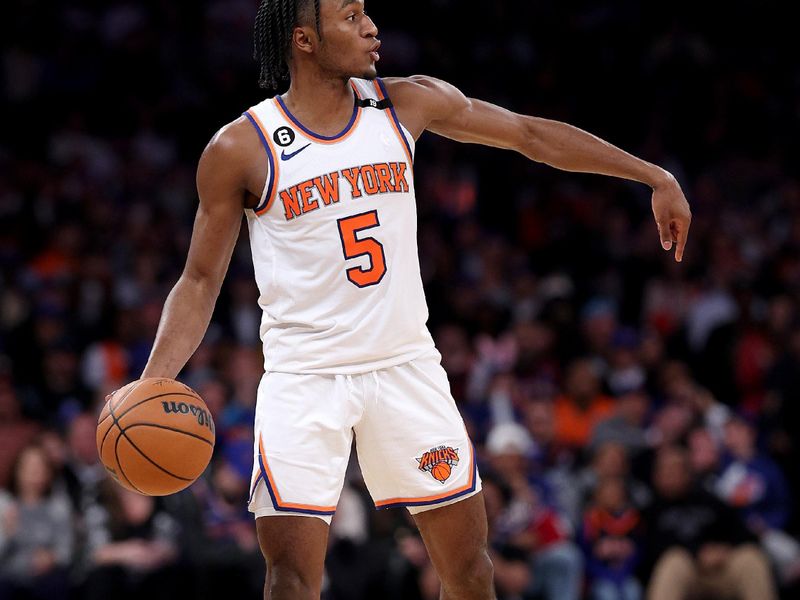 NEW YORK, NEW YORK - APRIL 09:  Immanuel Quickley #5 of the New York Knicks leads the offense in the second half against the Indiana Pacers at Madison Square Garden on April 09, 2023 in New York City. NOTE TO USER: User expressly acknowledges and agrees that, by downloading and or using this photograph, User is consenting to the terms and conditions of the Getty Images License Agreement. (Photo by Elsa/Getty Images)