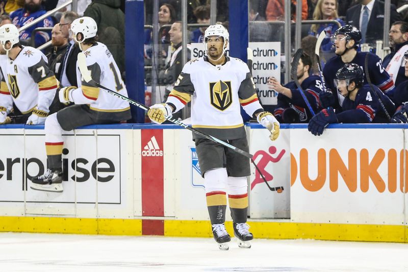 Jan 26, 2024; New York, New York, USA; Vegas Golden Knights right wing Keegan Kolesar (55) looks up at the scoreboard after scoring a goal in the second period against the New York Rangers at Madison Square Garden. Mandatory Credit: Wendell Cruz-USA TODAY Sports