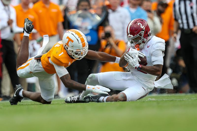 Oct 19, 2024; Knoxville, Tennessee, USA; Alabama Crimson Tide wide receiver Ryan Williams (2) catches a pass against the Tennessee Volunteers during the second quarter at Neyland Stadium. Mandatory Credit: Randy Sartin-Imagn Images