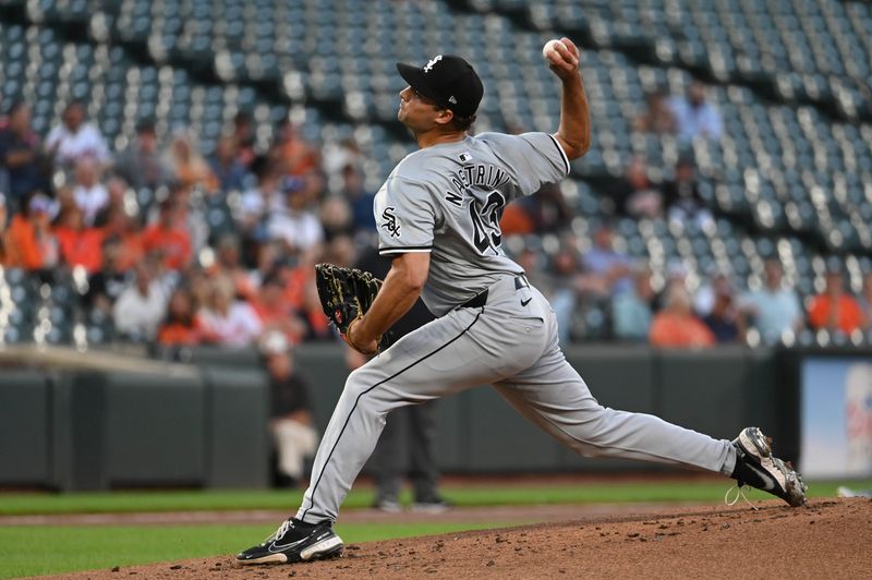 Sep 3, 2024; Baltimore, Maryland, USA;  Chicago White Sox pitcher Nick Nastrini (43) throws a first inning pitch against the Baltimore Orioles at Oriole Park at Camden Yards. Mandatory Credit: Tommy Gilligan-Imagn Images