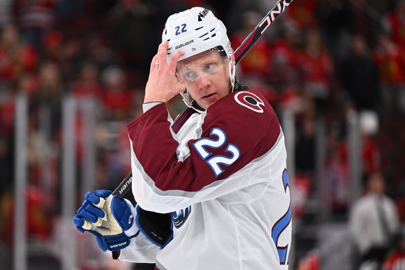 Dec 19, 2023; Chicago, Illinois, USA; Colorado Avalanche forward Fredrik Olofsson (22) warms up before a game against the Chicago Blackhawks at United Center. Mandatory Credit: Jamie Sabau-USA TODAY Sports