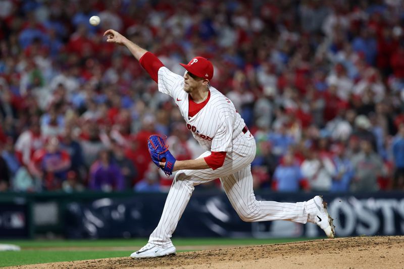 Oct 24, 2023; Philadelphia, Pennsylvania, USA; Philadelphia Phillies relief pitcher Jeff Hoffman (68) throws a pitch against the Arizona Diamondbacks in the sixth inning for game seven of the NLCS for the 2023 MLB playoffs at Citizens Bank Park. Mandatory Credit: Bill Streicher-USA TODAY Sports