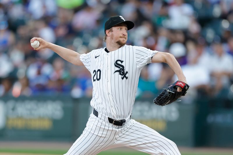 Jun 26, 2024; Chicago, Illinois, USA; Chicago White Sox starting pitcher Erick Fedde (20) delivers a pitch against the Los Angeles Dodgers during the first inning at Guaranteed Rate Field. Mandatory Credit: Kamil Krzaczynski-USA TODAY Sports