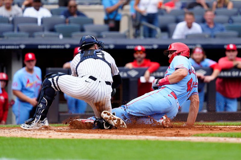 Aug 31, 2024; Bronx, New York, USA; New York Yankees catcher Austin Wells (28) tags out St. Louis Cardinals first baseman Paul Goldschmidt (46) attempting to score a run on St. Louis Cardinals third baseman Nolan Arenado (not pictured) single during the third inning at Yankee Stadium. Mandatory Credit: Gregory Fisher-USA TODAY Sports