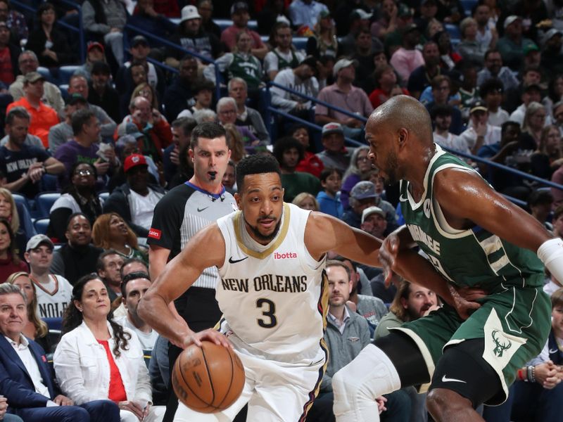 NEW ORLEANS, LA - MARCH 28: CJ McCollum #3 of the New Orleans Pelicans goes to the basket during the game on March 28, 2024 at the Smoothie King Center in New Orleans, Louisiana. NOTE TO USER: User expressly acknowledges and agrees that, by downloading and or using this Photograph, user is consenting to the terms and conditions of the Getty Images License Agreement. Mandatory Copyright Notice: Copyright 2024 NBAE (Photo by Layne Murdoch Jr./NBAE via Getty Images)