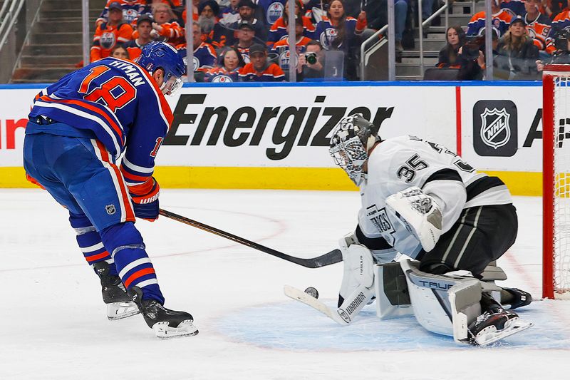 May 1, 2025; Edmonton, Alberta, CAN;Los Angeles Kings goaltender Darcy Kuemper (35) makes a save on Edmonton Oilers forward Zach Hyman (18) during the third period in game six of the first round of the 2025 Stanley Cup Playoffs at Rogers Place. Mandatory Credit: Perry Nelson-Imagn Images