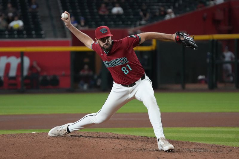 Sep 3, 2025; Phoenix, Arizona, USA; Arizona Diamondbacks pitcher Ryan Thompson (81) throws against the Texas Rangers in the seventh inning at Chase Field. Mandatory Credit: Rick Scuteri-Imagn Images