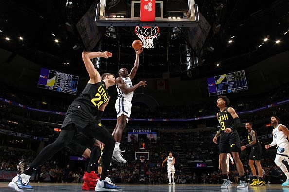 MEMPHIS, TN - NOVEMBER 29:  Bismack Biyombo #18 of the Memphis Grizzlies goes to the basket during the game on November 29, 2023 at FedExForum in Memphis, Tennessee. NOTE TO USER: User expressly acknowledges and agrees that, by downloading and or using this photograph, User is consenting to the terms and conditions of the Getty Images License Agreement. Mandatory Copyright Notice: Copyright 2023 NBAE (Photo by Joe Murphy/NBAE via Getty Images)