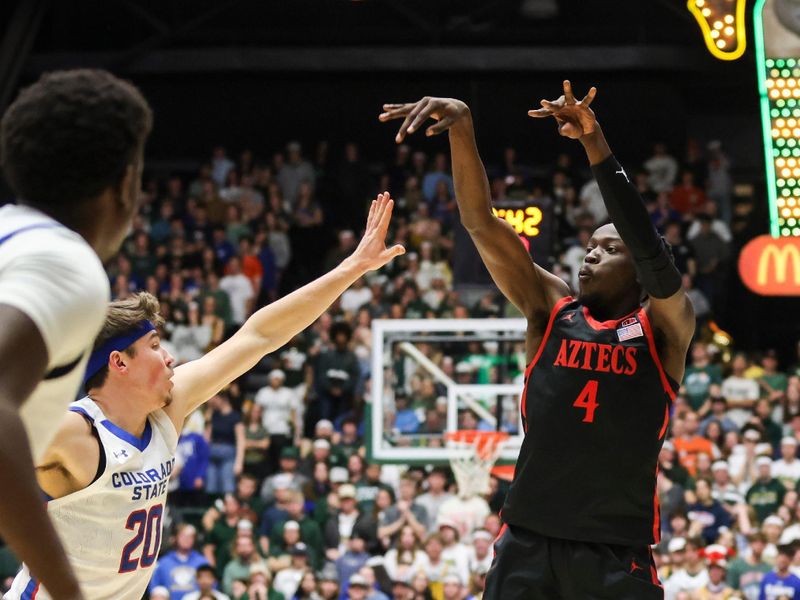 Jan 30, 2024; Fort Collins, Colorado, USA; San Diego State Aztecs forward Jay Pal (4) shoots during the first half against the Colorado State Rams at Moby Arena. Mandatory Credit: Chet Strange-USA TODAY Sports