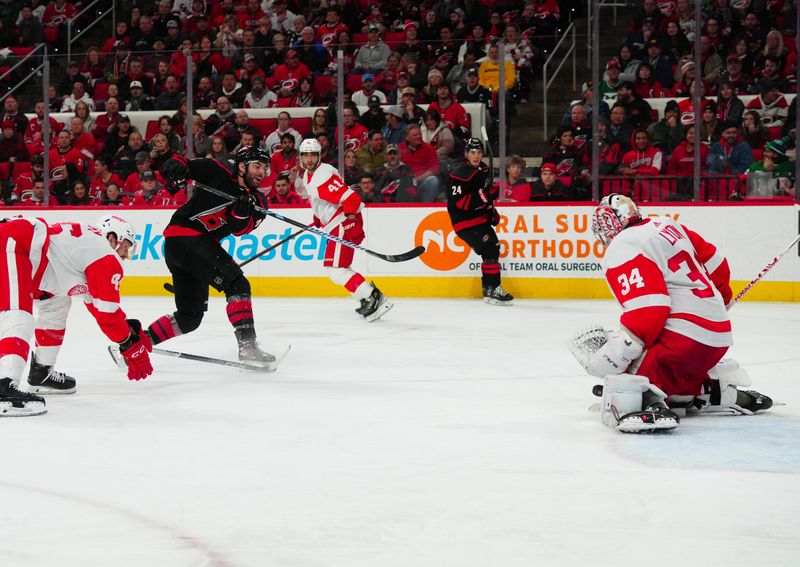 Jan 19, 2024; Raleigh, North Carolina, USA; Carolina Hurricanes left wing Jordan Martinook (48) takes a shot at Detroit Red Wings goaltender Alex Lyon (34) during the third period at PNC Arena. Mandatory Credit: James Guillory-USA TODAY Sports