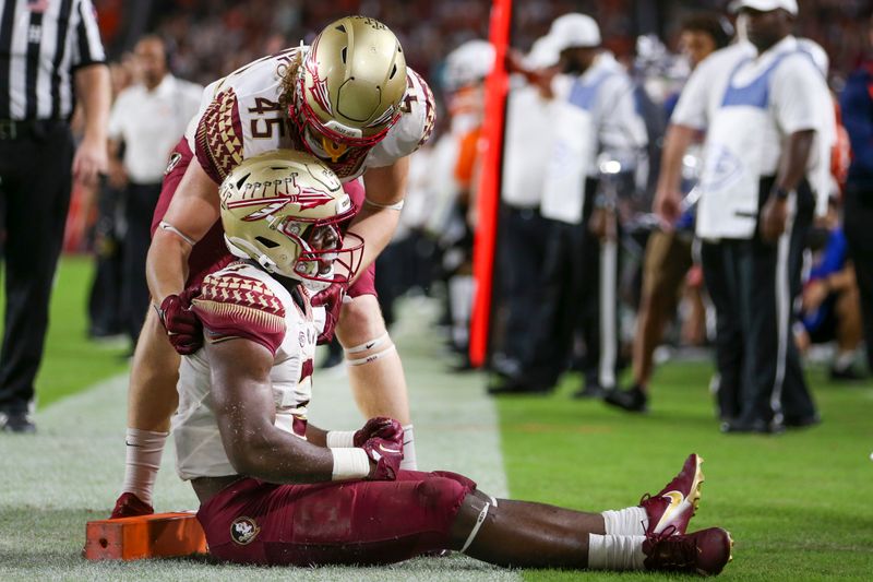 Nov 5, 2022; Miami Gardens, Florida, USA; Florida State Seminoles running back Trey Benson (3) celebrates with tight end Preston Daniel (45) after scoring a touchdown during the second quarter against the Miami Hurricanes at Hard Rock Stadium. Mandatory Credit: Sam Navarro-USA TODAY Sports