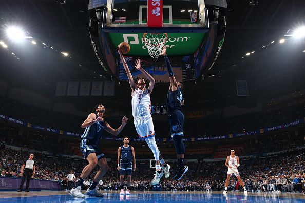 OKLAHOMA CITY, OK - DECEMBER 18:  Chet Holmgren #7 of the Oklahoma City Thunder drives to the basket during the game against the Memphis Grizzlies on December 18, 2023 at Paycom Arena in Oklahoma City, Oklahoma. NOTE TO USER: User expressly acknowledges and agrees that, by downloading and or using this photograph, User is consenting to the terms and conditions of the Getty Images License Agreement. Mandatory Copyright Notice: Copyright 2023 NBAE (Photo by Zach Beeker/NBAE via Getty Images)