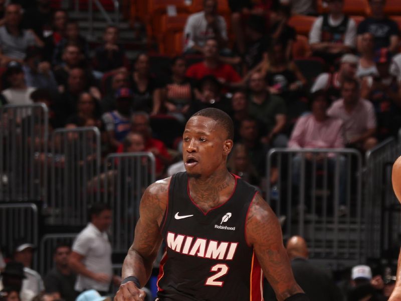 MIAMI, FL - OCTOBER 30: Terry Rozier #2 of the Miami Heat dribbles the ball during the game against the New York Knicks on October 30, 2024 at Kaseya Center in Miami, Florida. NOTE TO USER: User expressly acknowledges and agrees that, by downloading and or using this Photograph, user is consenting to the terms and conditions of the Getty Images License Agreement. Mandatory Copyright Notice: Copyright 2024 NBAE (Photo by Issac Baldizon/NBAE via Getty Images)