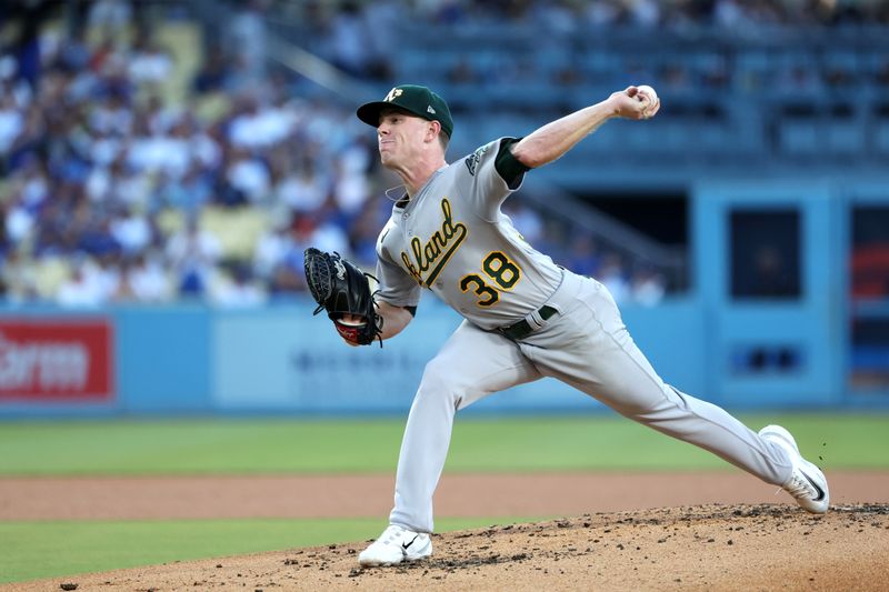 Aug 3, 2023; Los Angeles, California, USA;  Oakland Athletics starting pitcher JP Sears (38) pitches during the first inning against the Los Angeles Dodgers at Dodger Stadium. Mandatory Credit: Kiyoshi Mio-USA TODAY Sports