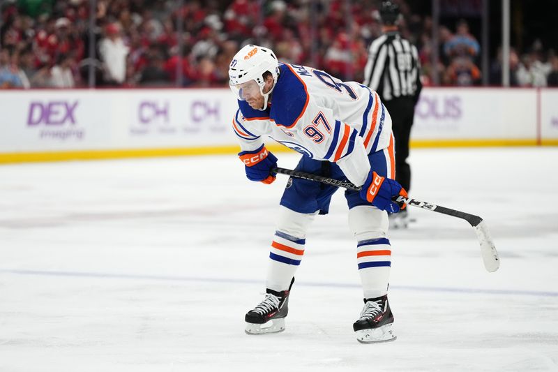 Nov 20, 2023; Sunrise, Florida, USA; Edmonton Oilers center Connor McDavid (97) prepares to take a penalty shot against the Florida Panthers during the second period at Amerant Bank Arena. Mandatory Credit: Jasen Vinlove-USA TODAY Sports